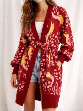 FARM Rio Toucanissimo Belted Longline Cardigan L Red Burgundy Cozy